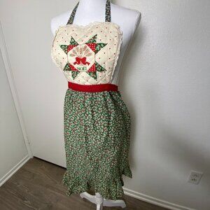 Vintage Christmas Floral Quilted Red & Green Ruffle Apron